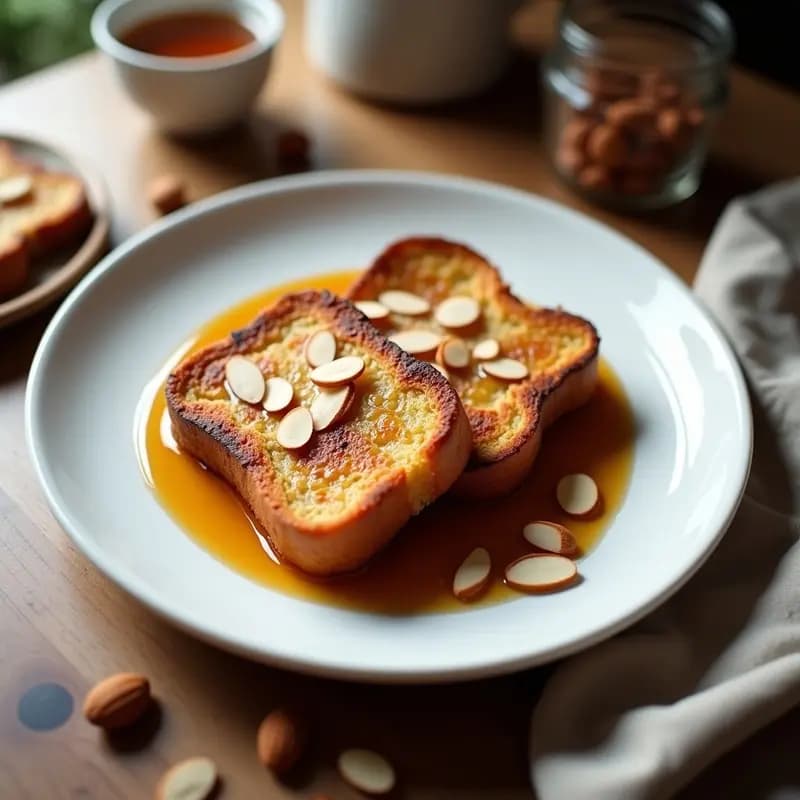 Plato blanco con tostadas francesas doradas de brioche de almendra, bañadas en sirope de dátiles oscuro y espolvoreadas con almendras fileteadas. Desayuno sin gluten y sin lactosa con textura esponjosa y crujiente, servido con una taza de café al fondo.