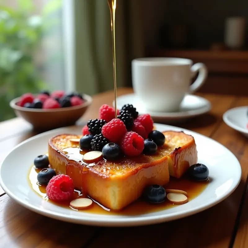 Plato blanco con dos tostadas francesas de brioche doradas, cubiertas con frutas del bosque frescas (arándanos, frambuesas y moras), bañadas en sirop de arce y espolvoreadas con almendras fileteadas tostadas. Desayuno indulgent con contraste de colores vibrantes y texturas crujientes y esponjosas.