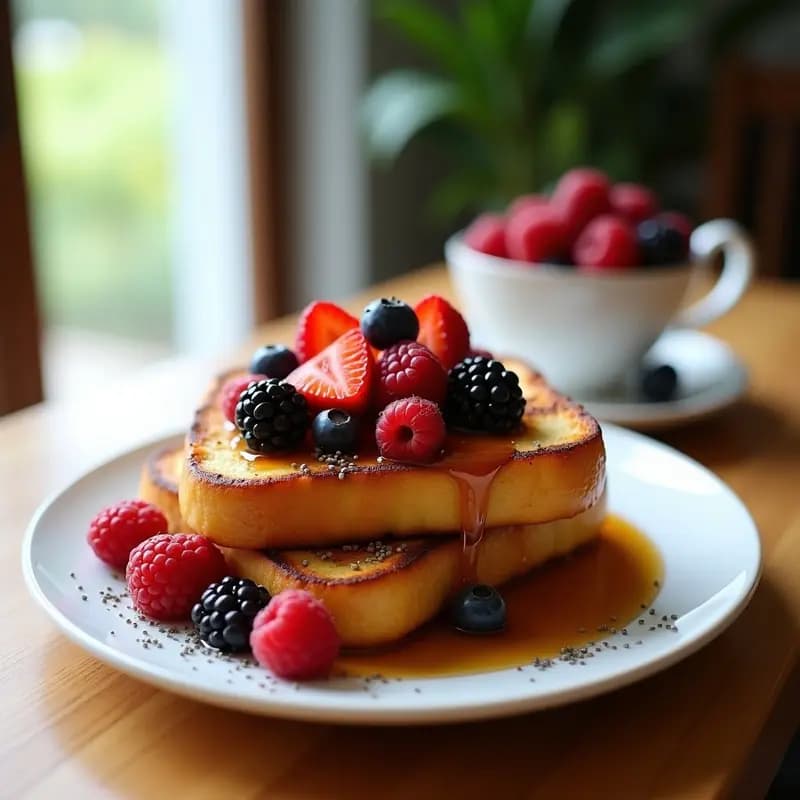Plato blanco con dos tostadas francesas doradas de brioche, cubiertas con frutos rojos frescos brillantes (fresas, arándanos y frambuesas) macerados, bañadas en sirope de arce dorado y espolvoreadas con canela, sobre fondo rústico de madera.