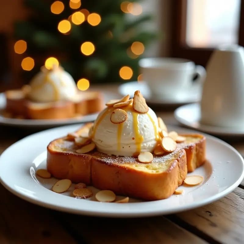Plato blanco con dos tostadas francesas doradas de brioche, cubiertas con helado cremoso de turrón blando, almendras fileteadas tostadas y un hilo de miel de romero. Fondo navideño con luces cálidas y decoración minimalista.