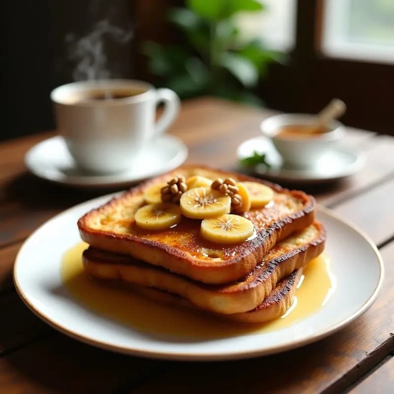 Plato blanco con tostadas francesas doradas de pan brioche, cubiertas con rodajas de plátano caramelizado brillante, nueces tostadas picadas y un hilo de miel dorada. Fondo borroso con utensilios de desayuno y una taza de café humeante.