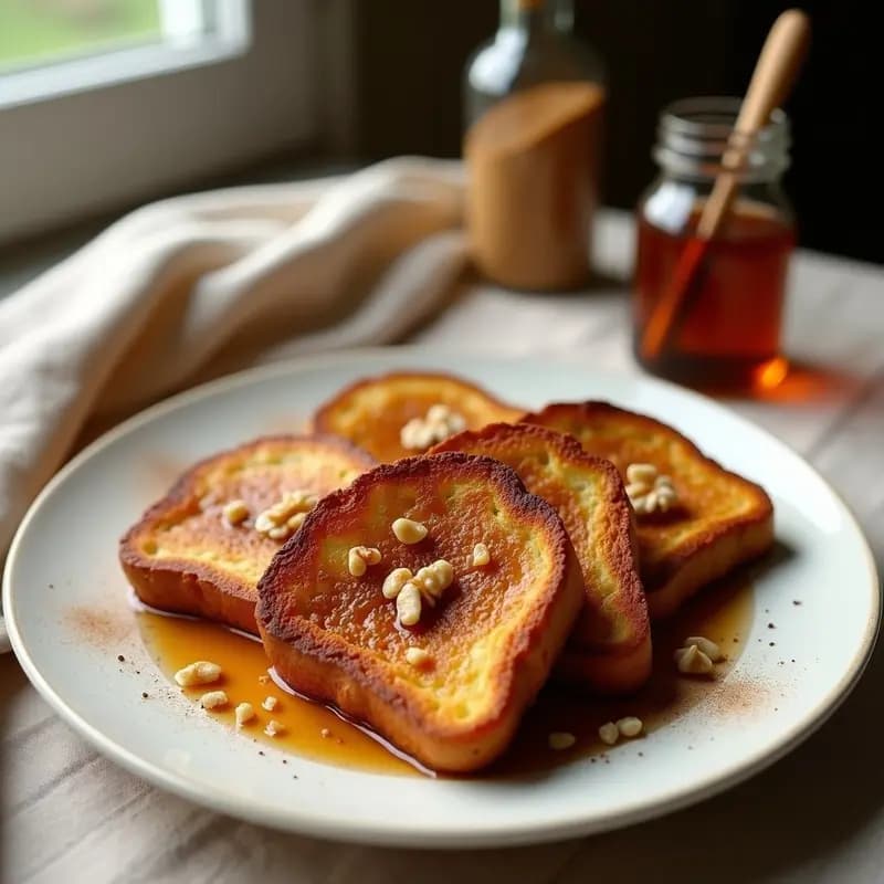 Plato blanco con tostadas francesas doradas y crujientes, bañadas en sirope de agave dorado, espolvoreadas con canela y semillas de chía, servidas sobre una mesa de madera rústica con nueces picadas al lado. Desayuno americano vegano y sin lactosa.
