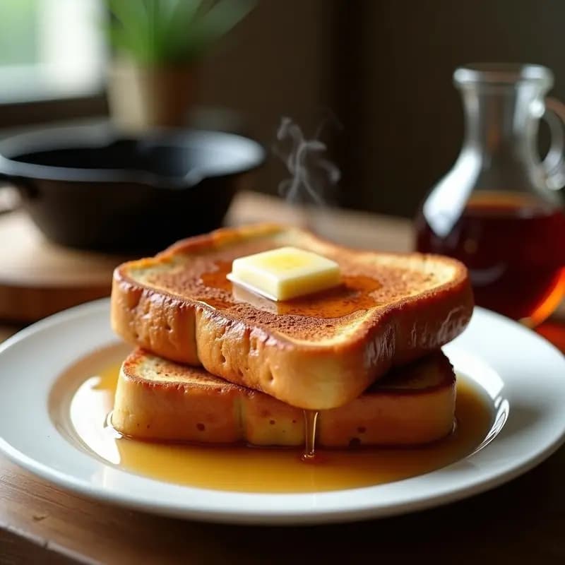 Plato blanco con dos tostadas francesas doradas y esponjosas, espolvoreadas con canela, bañadas en sirope de arce brillante y acompañadas de mantequilla derretida. Receta clásica americana de desayuno.