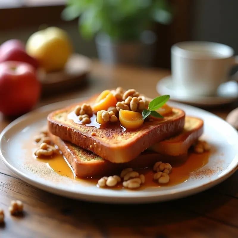 Tostadas francesas doradas y esponjosas sin harina, servidas en plato blanco con compota de manzana brillante y nueces tostadas picadas por encima. Fondos borrosos de cocina rústica con canela espolvoreada.