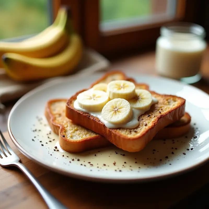 Tostadas francesas doradas y esponjosas con crema de avellanas derretida y rodajas de plátano, espolvoreadas con nueces picadas y semillas de chía. Desayuno sin azúcar y alto en energía sobre fondo rústico de madera.