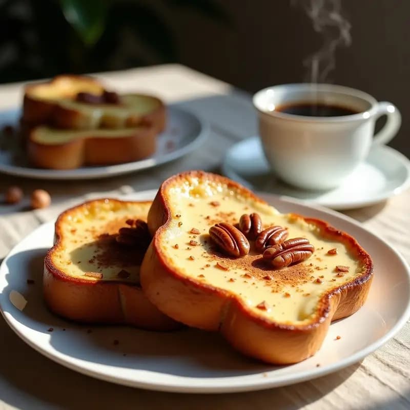 Tostadas francesas doradas de pan de centeno sobre plato blanco, cubiertas con crema de castaña espesa y almendras fileteadas, espolvoreadas con canela. Desayuno europeo sin lácteos con textura crujiente y cremosa.