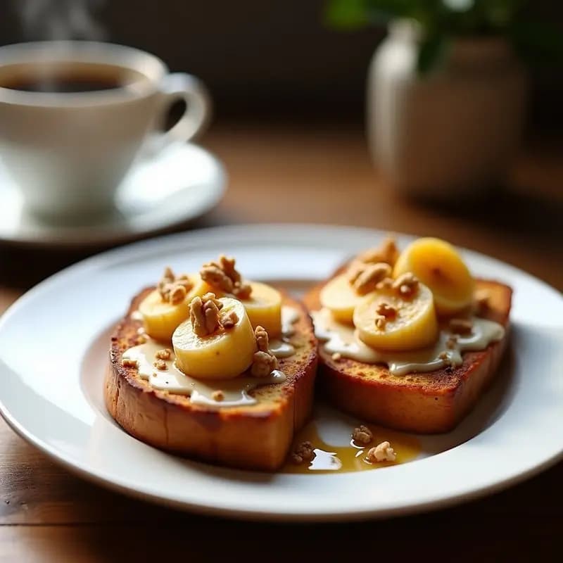 Plato blanco con dos tostadas francesas doradas cubiertas de crema de castañas espesa y rodajas de plátano caramelizado brillantes, decoradas con nueces picadas y un hilo de miel de agave. Fondo borroso con taza de café humeante.