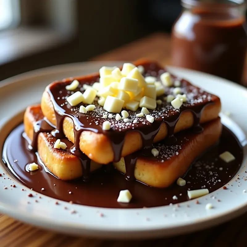 Tostadas francesas doradas empapadas en leche condensada espesa, cubiertas con chocolate negro derretido y virutas de chocolate blanco, servidas en plato hondo con fondo de salsa de chocolate.