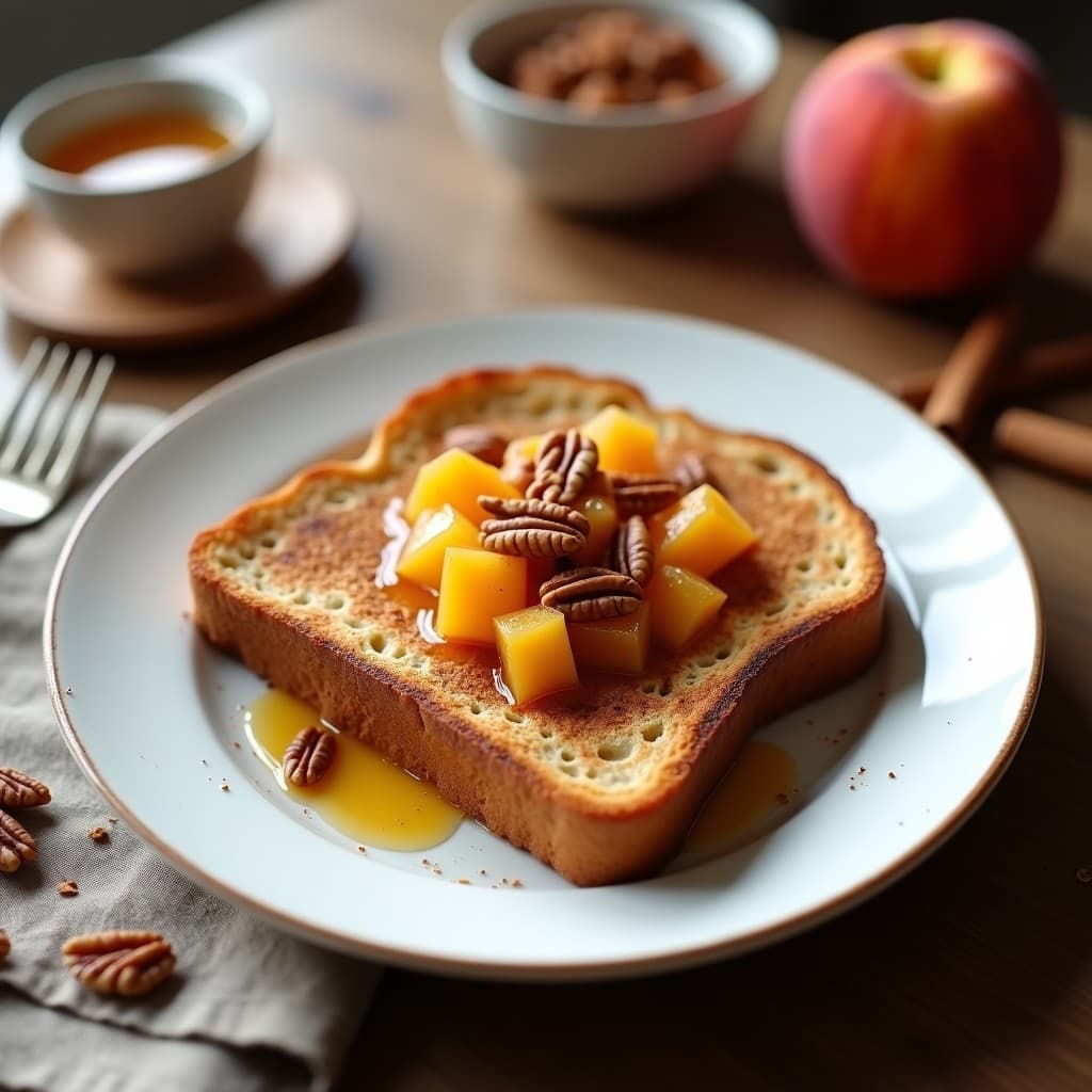 Tostadas francesas doradas de pan de trigo sarraceno servidas en plato blanco con compota de durazno espesa, nueces pecanas tostadas y un toque de canela, desayuno keto sin gluten.