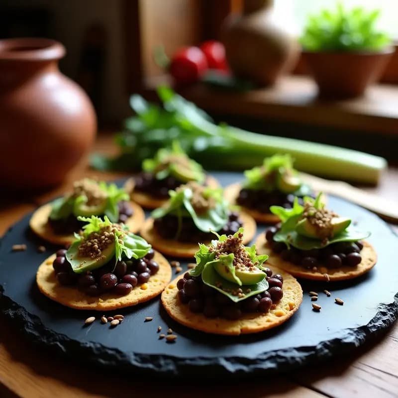 Plato rústico de madera con tostadas crujientes de maíz azul, cubiertas con frijoles refritos cremosos, huitlacoche salteado, rodajas de aguacate verde y semillas de sésamo. Decorado con hojas de cilantro fresco y un chorrito de limón, en un fondo de tela de fibra natural.