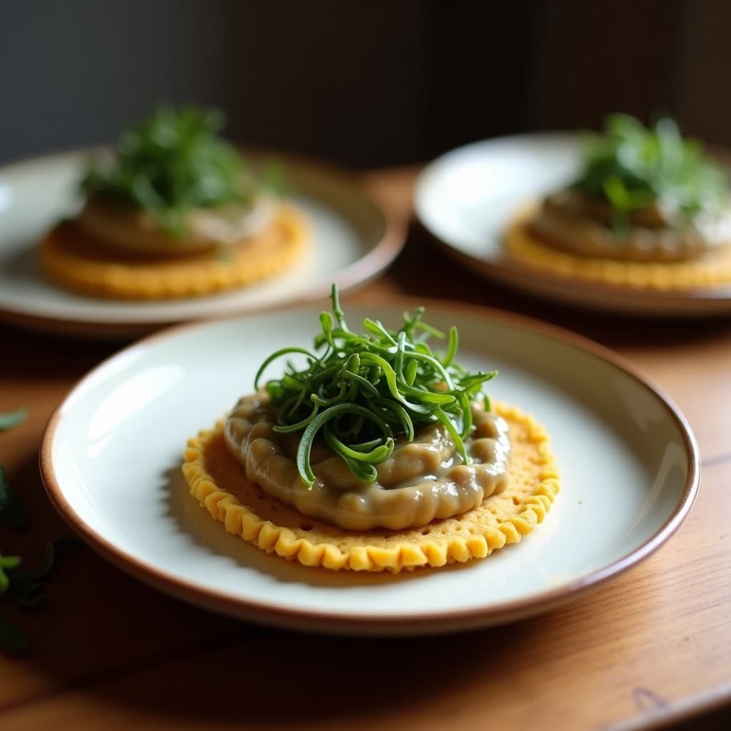 Tostadas doradas de pan de garbanzo con una capa cremosa de pâté verde oscuro de pallares y algas cochayuyo, decoradas con apio picado sobre un plato de madera rústica. Receta marina chilena vegana, sin gluten y alta en proteína.