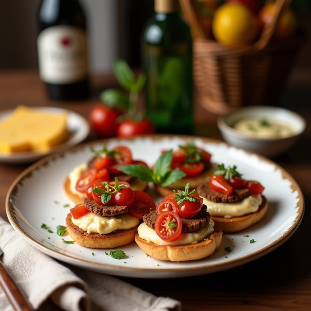 Tostadas integrales doradas con una capa cremosa de hummus, cubiertas de rodajas finas de rábanos rosados, decoradas con semillas de sésamo, menta fresca y un toque de pimentón. Plato de tostadas de hummus y rábanos crujiente y digestivo, servido en una tabla de madera rústica con fondo claro.