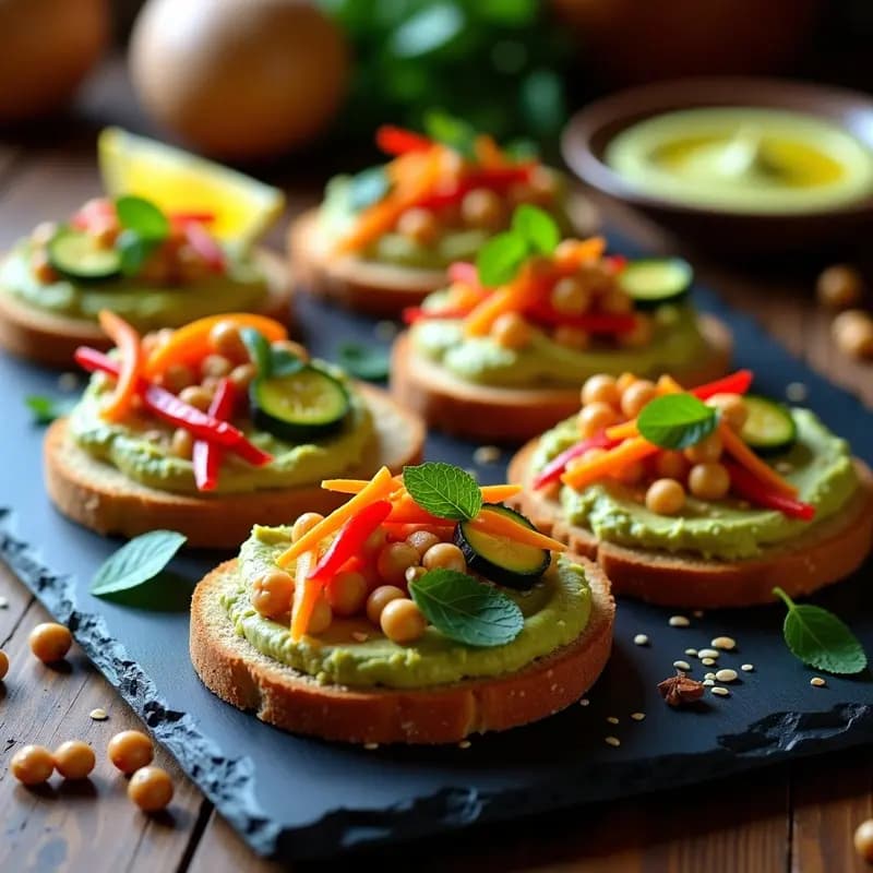 Tostadas doradas de pan de molde integral con una capa cremosa de hummus de calabacín, coronadas con rodajas de pepino, zanahoria rallada, germinados de lenteja y hojas de cilantro. Plato de aperitivo rápido y vegano sobre fondo rustico de madera.