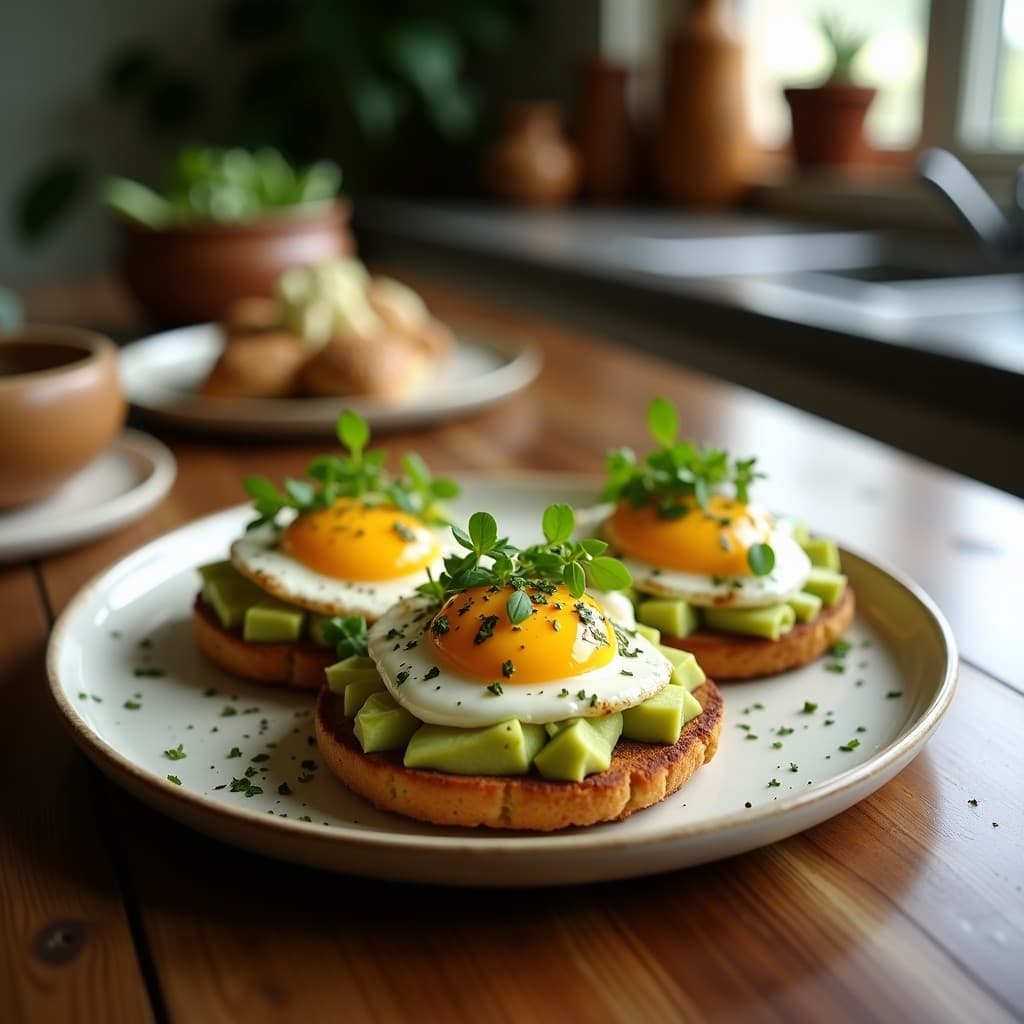 Plato rústico de madera con tostadas doradas de pan de joio cubiertas de crema de aguacate verde suave, coronadas con huevos de codorniz al vapor y espolvoreadas con perejil fresco, semillas de sésamo y pimentón. Desayuno portugués rico en omega-3.