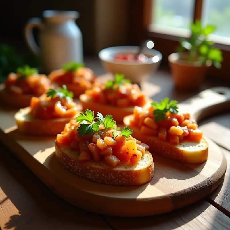 Tostadas doradas con una capa generosa de manteca colorá naranja, sardinas desmenuzadas encima y perejil fresco picado. Plato típico sevillano listo para servir en una tabla de madera rústica.