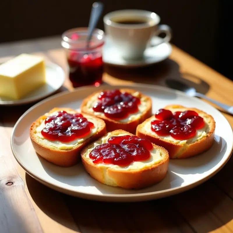 Tostadas doradas de pan de barra con mantequilla cremosa untada y mermelada casera de fresa brillante, servidas en un plato blanco sobre una mesa rústica. Desayuno clásico español tradicional.