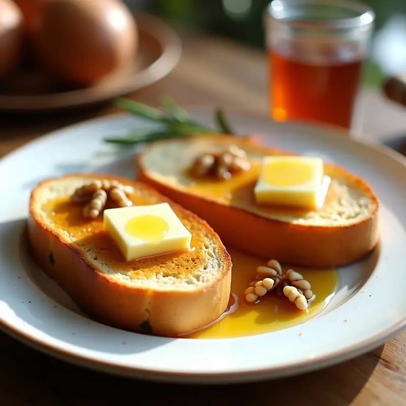 Plato blanco con tostadas doradas de pan de barra untadas con mantequilla, cubiertas de miel dorada y trozos de nueces, con un toque de canela espolvoreada. Desayuno energético y rápido sobre fondo rústico de madera.