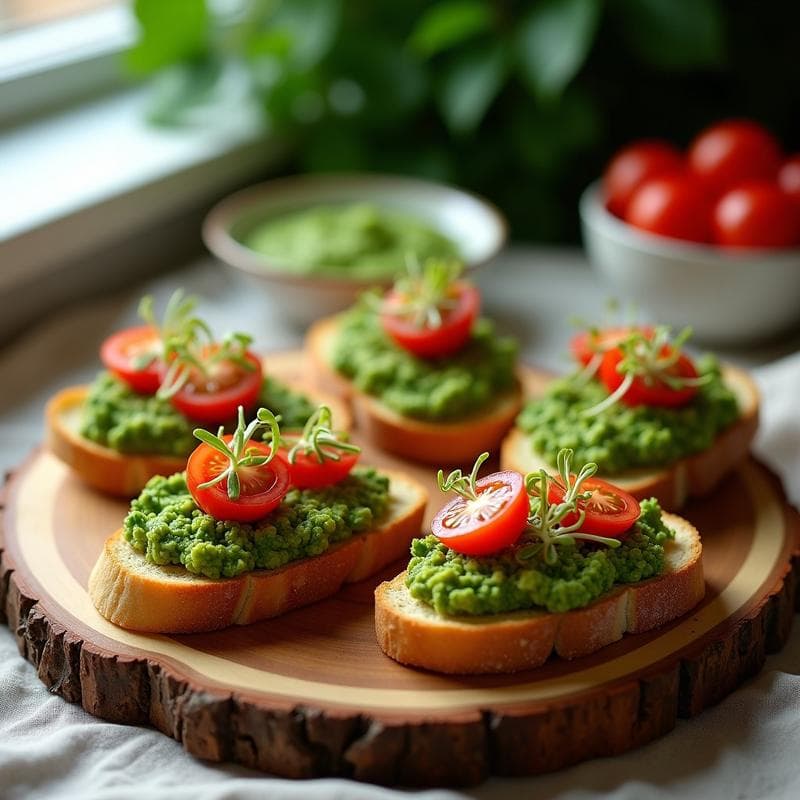 Plato de tostadas doradas de pan de mijo con una capa generosa de pesto verde de brócoli y anacardos, decoradas con tomates cherry y germinados de alfafa sobre una tabla de madera rústica.
