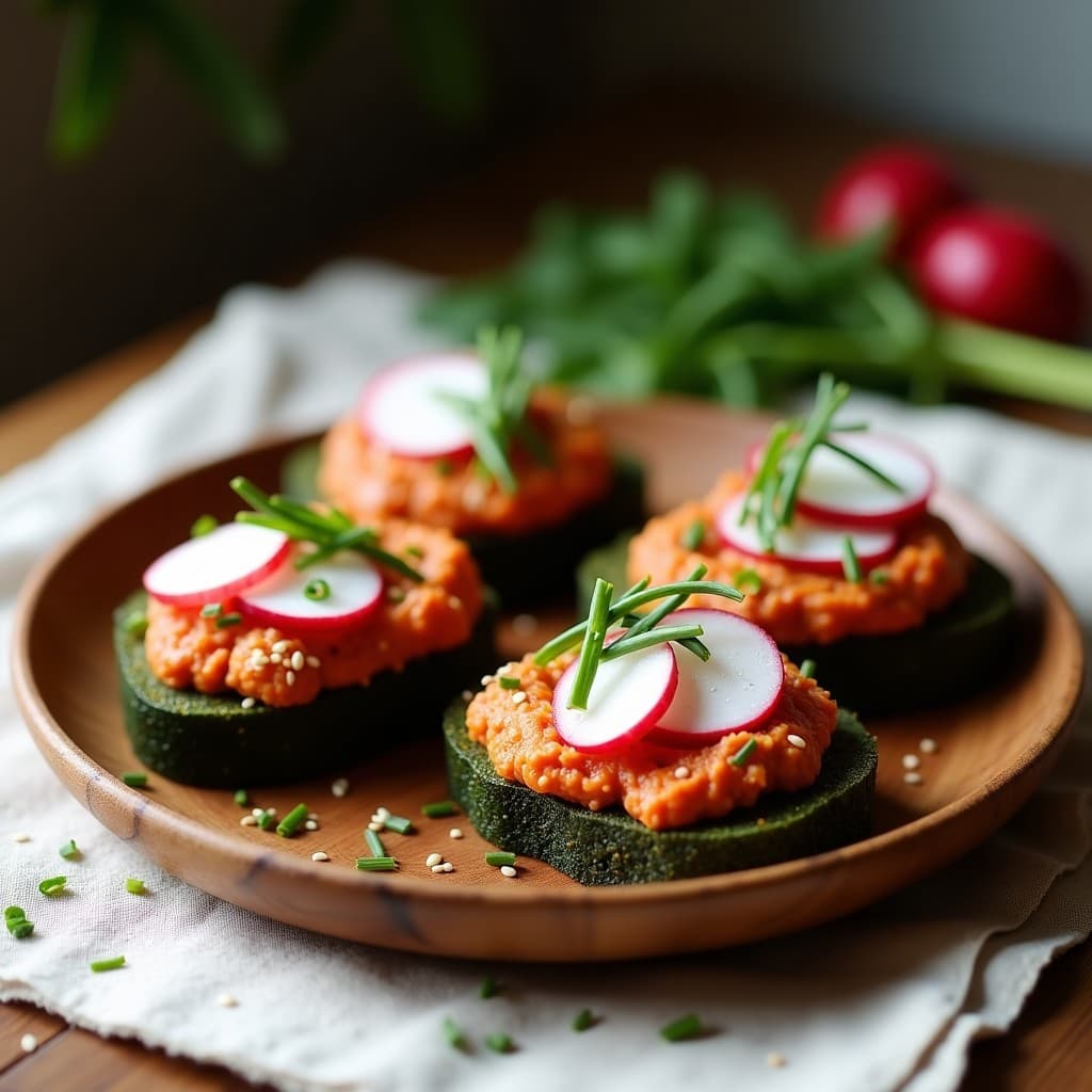 Tostadas crujientes de pan de algas nori con hummus de lentejas rojas cremoso, decoradas con rodajas de rábano, cebollino picado y semillas de sésamo tostado, servidas en un plato de madera rústico.