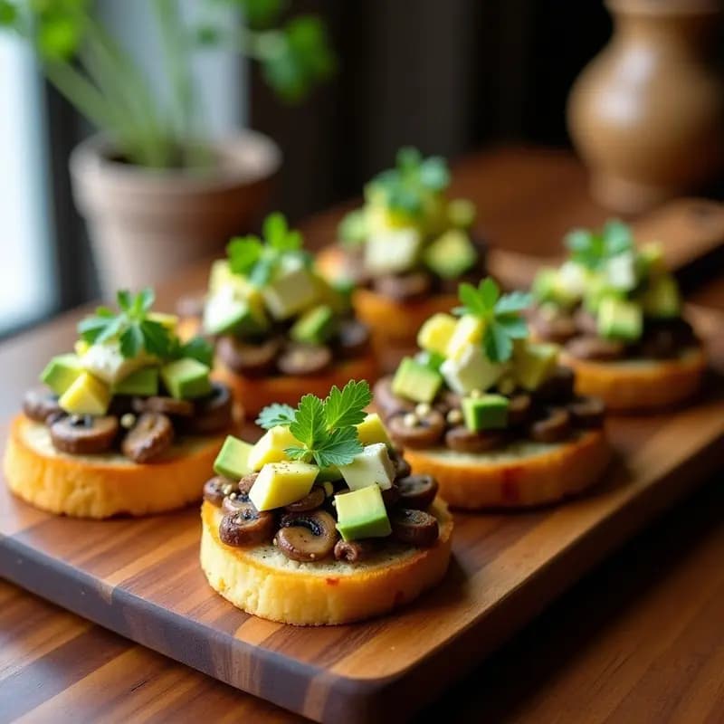 Plato de tostadas doradas de pan de almidón de yuca con ceviche de champiñones portobello y shiitake marinado en leche de tigre, decorado con aguacate en cubos y semillas de sésamo. Receta venezolana sin gluten sobre fondo rústico de madera.
