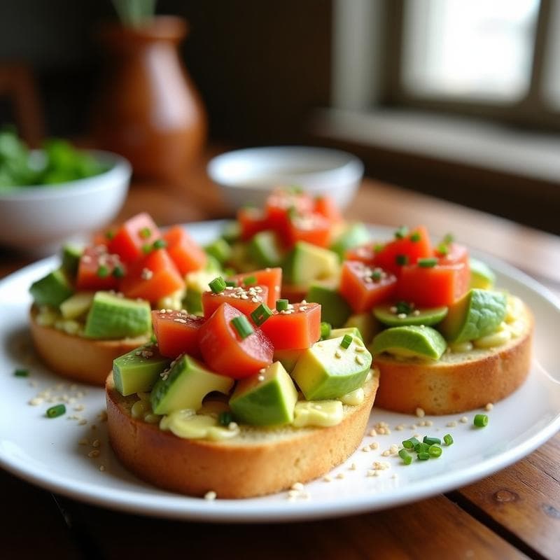 Tostadas doradas y crujientes de almidón de yuca con toppings de aguacate verde en cubos, tomate rojo en dados, semillas de sésamo y cebollino fresco picado. Plato de desayuno colombiano sin gluten sobre fondo rústico.