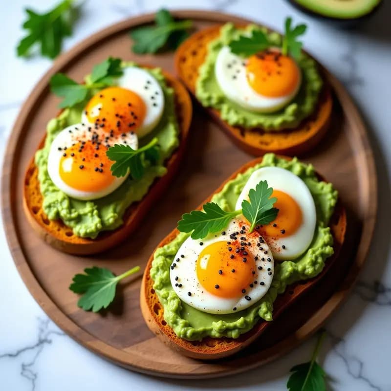 Tostadas de pan de batata dorado con crema de aguacate verde vibrante, huevo poché de cúrcuma dorado brillante, semillas de chía negras y hojas de cilantro fresco sobre fondo blanco. Plato de brunch colorido y energético.
