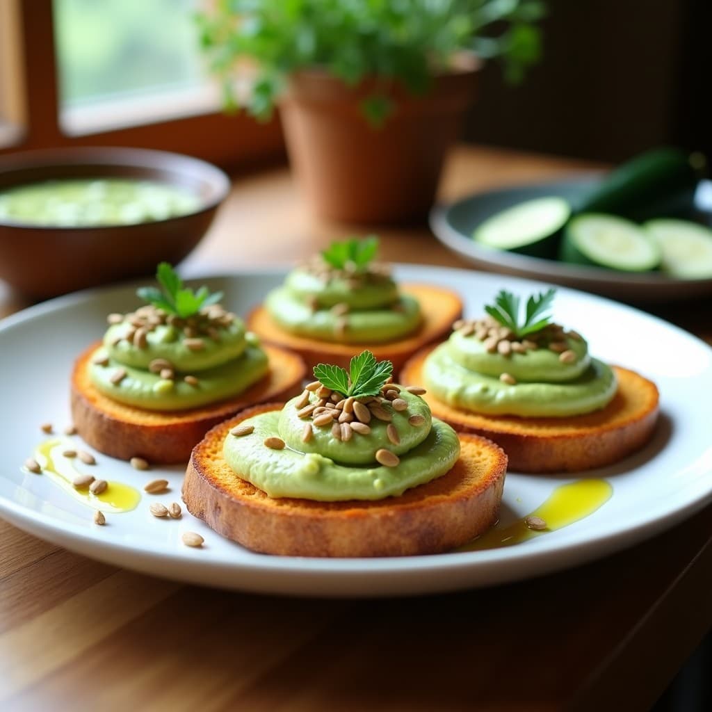 Plato blanco con tostadas doradas de pan de batata, untadas con hummus de calabacín cremoso de color verde claro, espolvoreadas con semillas de cáñamo y perejil fresco. Desayuno sin gluten y vegano.