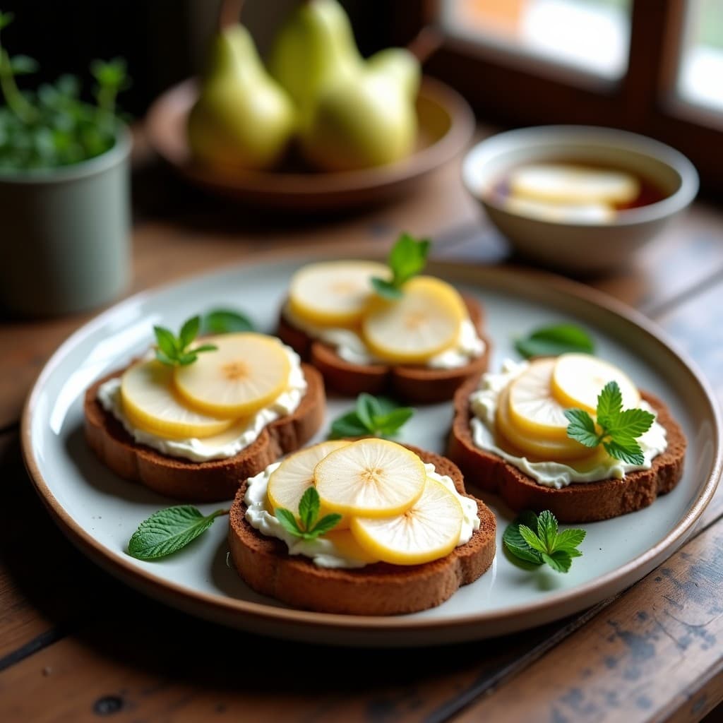 Tostadas doradas de pan de centeno con una capa cremosa de almendras, coronadas con rodajas de peras maceradas en vino blanco y decoradas con hojas de menta fresca. Plato elegante y sofisticado, ideal como entrante danés.