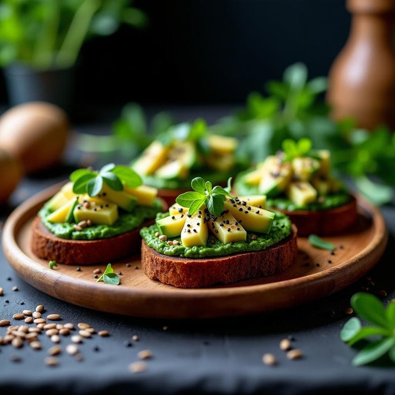 Tostadas de pan de centeno sin gluten doradas con una capa brillante de heme de algas, aguacate cremoso en trozos, berros frescos, semillas de sésamo negro y girasol tostadas, servidas en un plato de madera rústico sobre fondo oscuro.