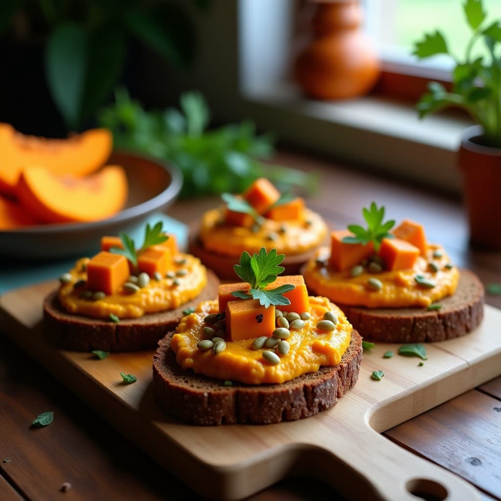 Tostadas doradas de pan de centeno integral con una capa generosa de hummus de calabaza naranja, decoradas con semillas de calabaza, sésamo tostado, perejil fresco y granos de granada rojos. Plato vegano y alto en fibra servido en una tabla de madera rústica.