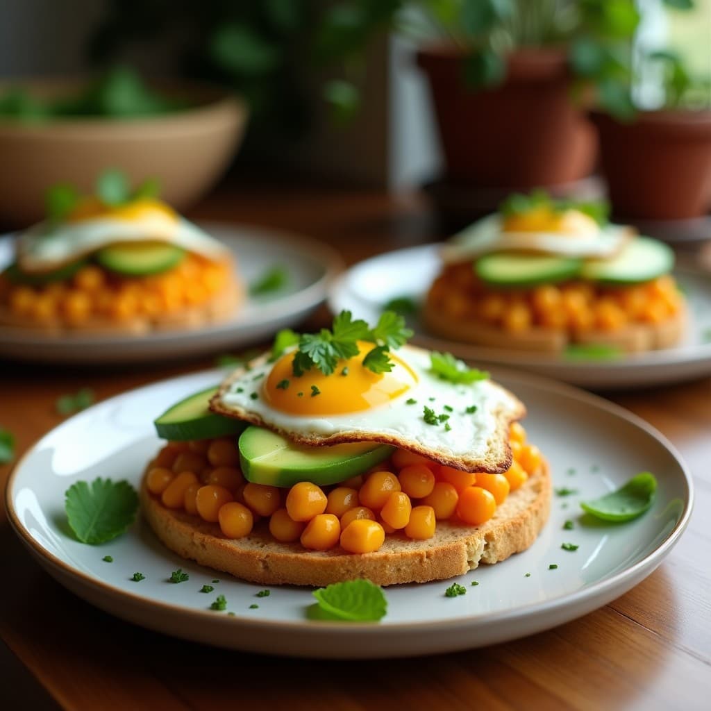 Tostadas doradas de pan de garbanzo con crema de avocado verde suave, huevo pochado con yema líquida, semillas de sésamo y cilantro fresco, servidas en plato blanco rústico con fondo de madera clara.