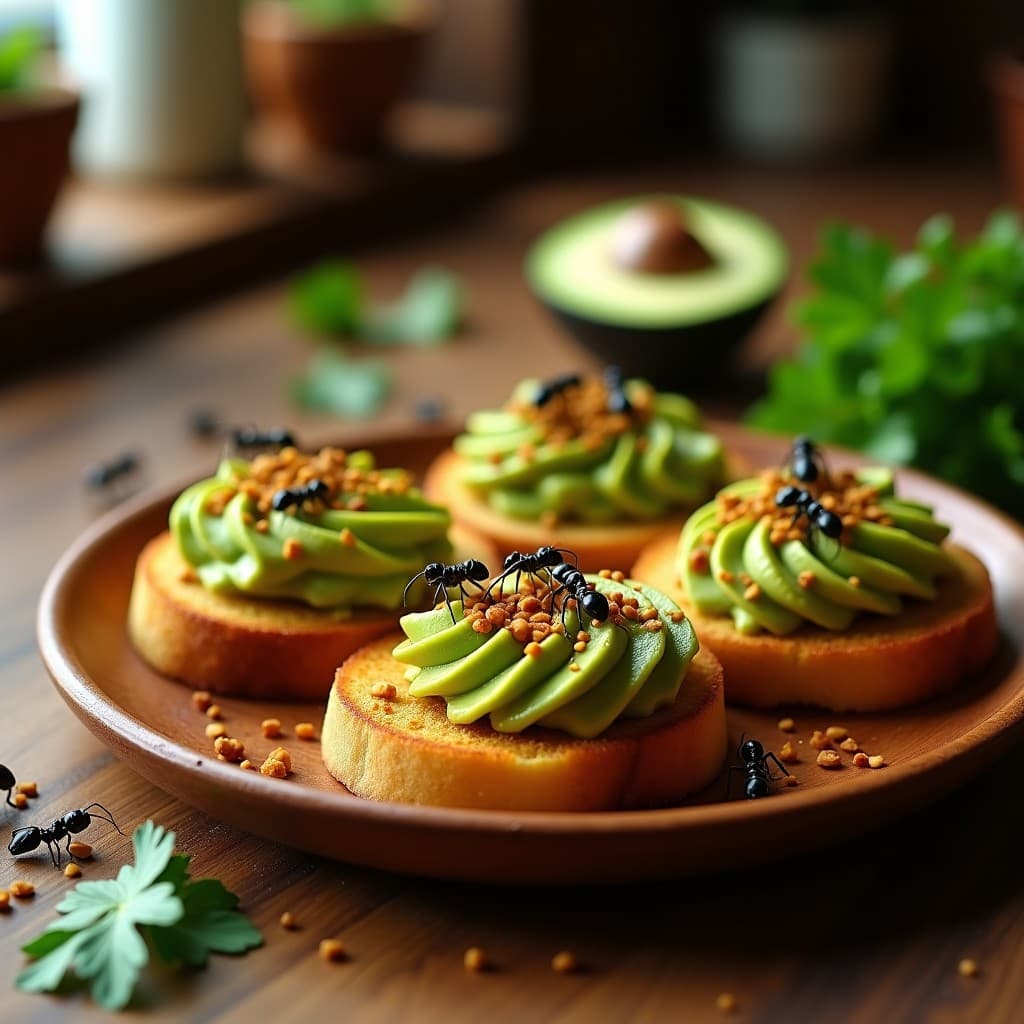 Tostadas doradas de pan de insectos con una generosa capa de guacamole cremoso de aguacate, decoradas con hormigas culonas tostadas y un hilo de aceite de oliva virgen extra. Plato rústico de madera con fondo de cocina casera.