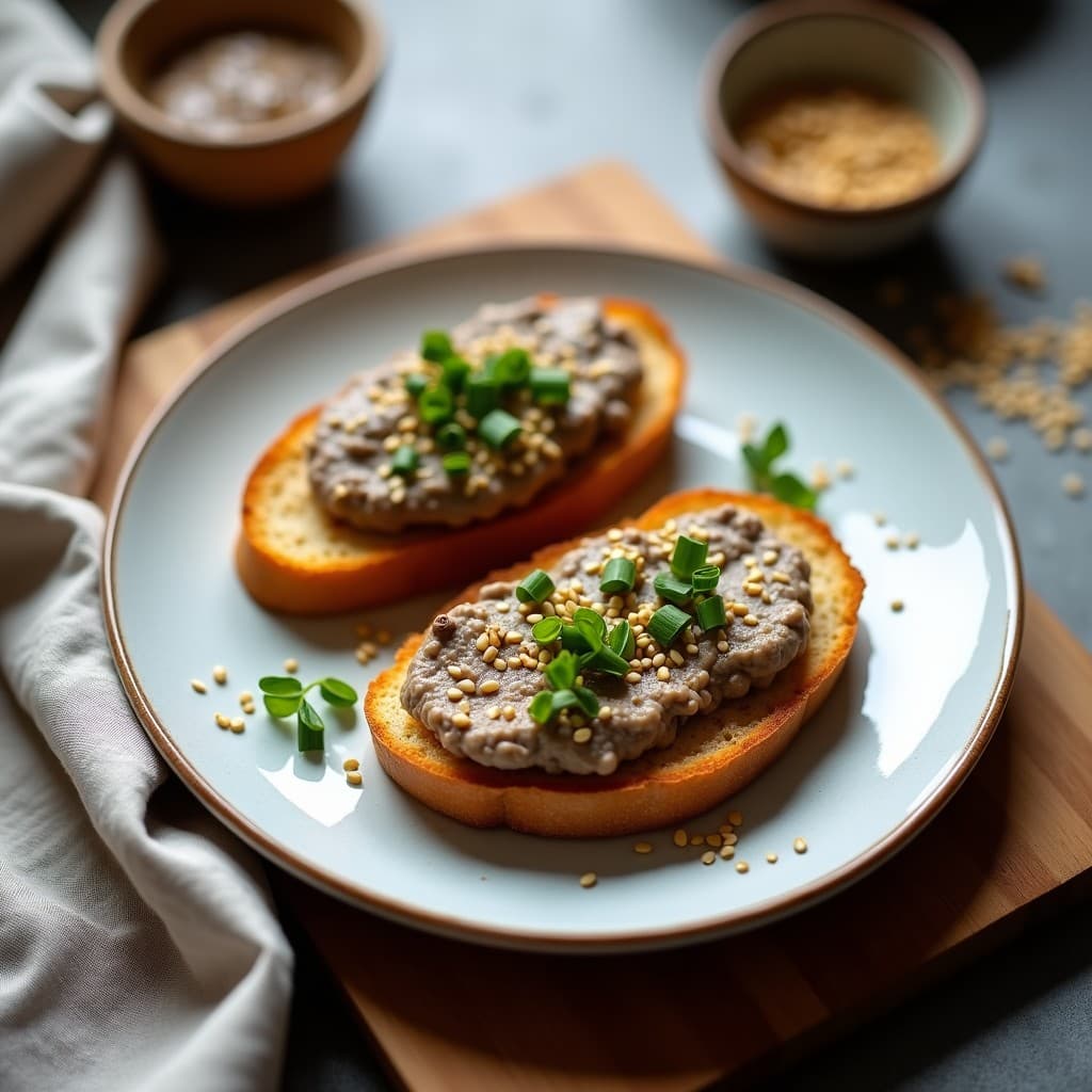 Tostadas doradas de pan de insectos con una capa cremosa de pate de lentillas y hongos shiitake, decoradas con semillas de sésamo y cebollino fresco. Plato sostenible y rico en hierro sobre fondo rústico de madera.