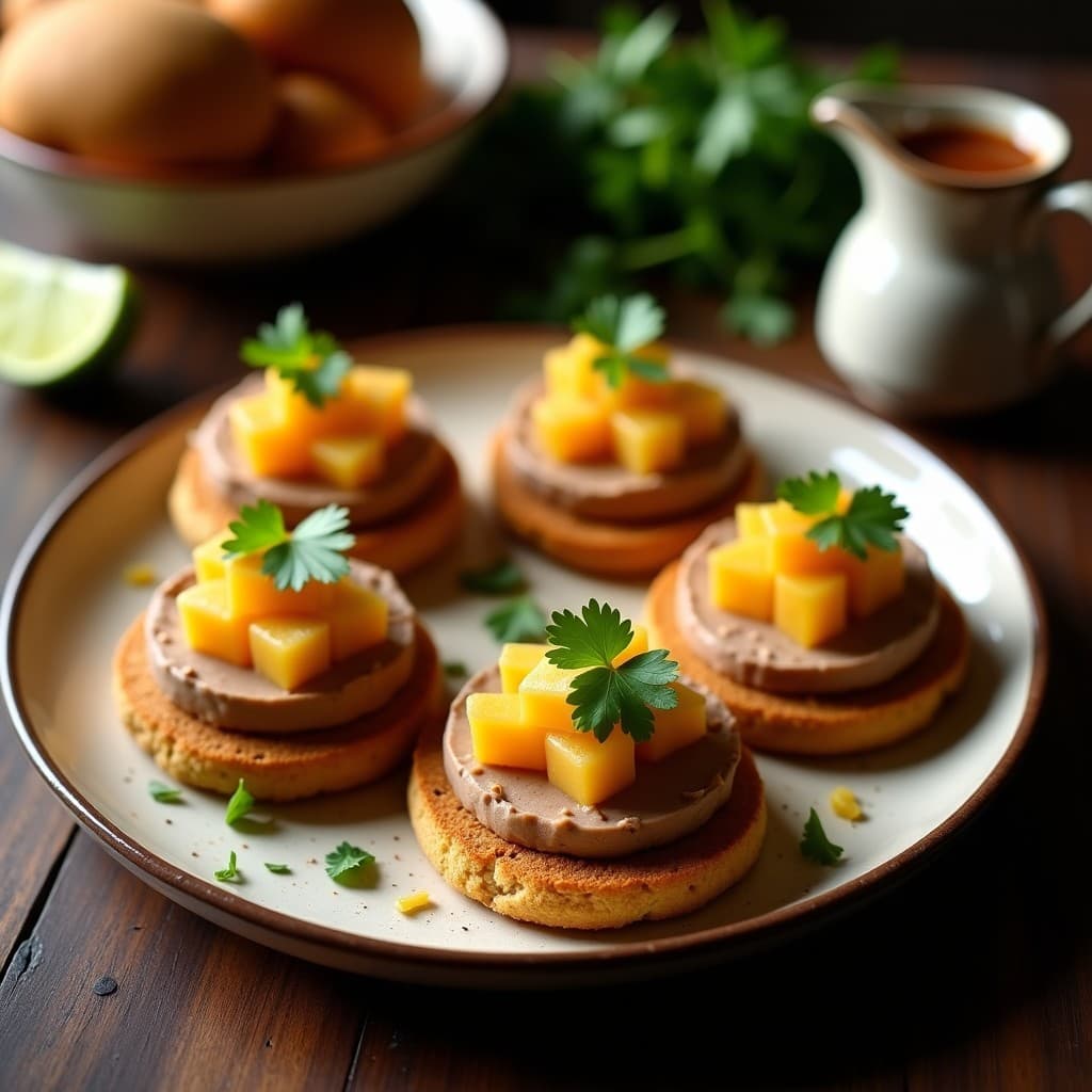 Tostadas doradas de pan de insectos con una capa cremosa de paté de hígado de pollo, coronadas por gelée de guayaba brillante y hojas de epazote fresco. Receta mexicana innovadora, alta en proteína y sostenible.