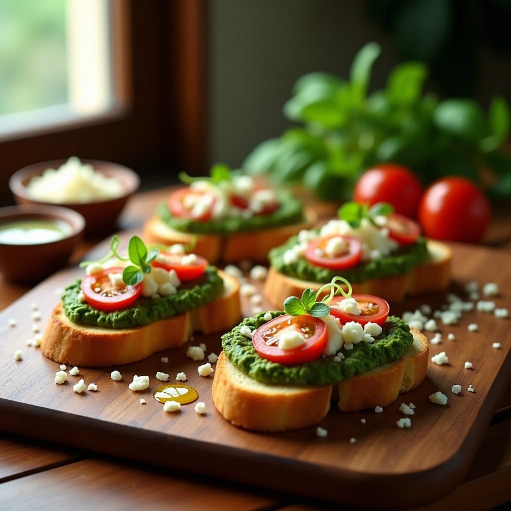 Tostadas doradas y crujientes de pan de insectos con una capa verde vibrante de pesto de albahaca, espolvoreadas con parmesano de anacardos granulado, tomates cherry rojos y brotes de rábano, servidas en una tabla de madera rústica. Receta sostenible y alta en proteína.