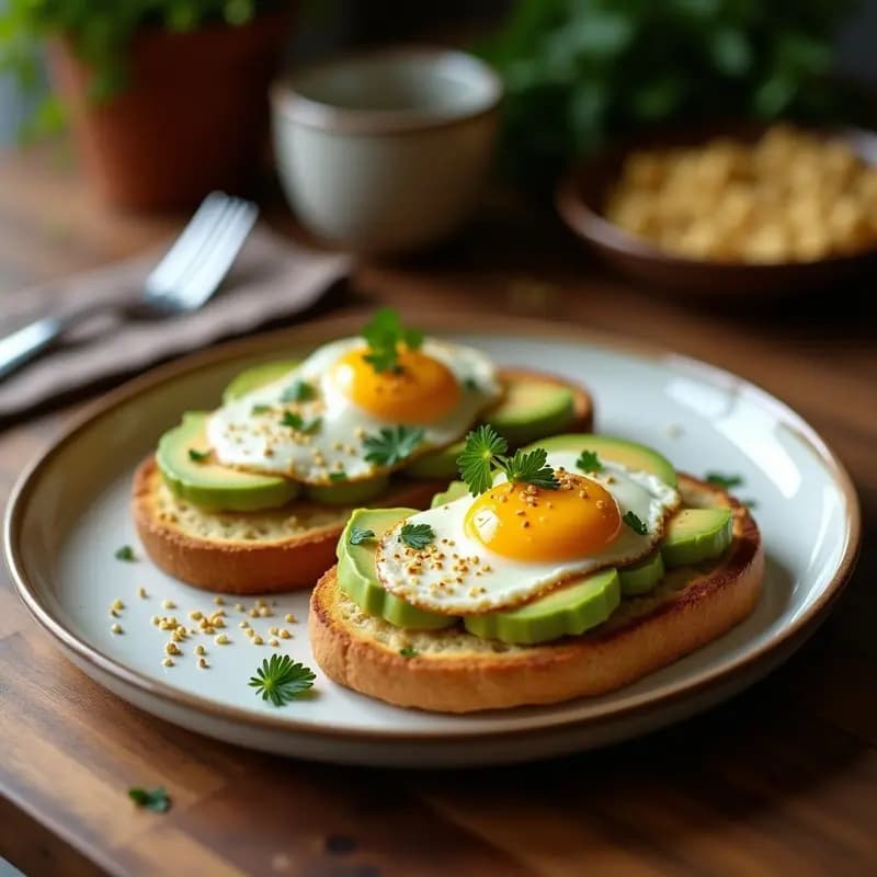 Tostadas doradas de pan integral con puré de avocado cremoso, huevos de codorniz fritos con yema líquida, semillas de sésamo espolvoreadas y hojas de cilantro fresco. Desayuno saludable y gourmet en plato blanco rústico.
