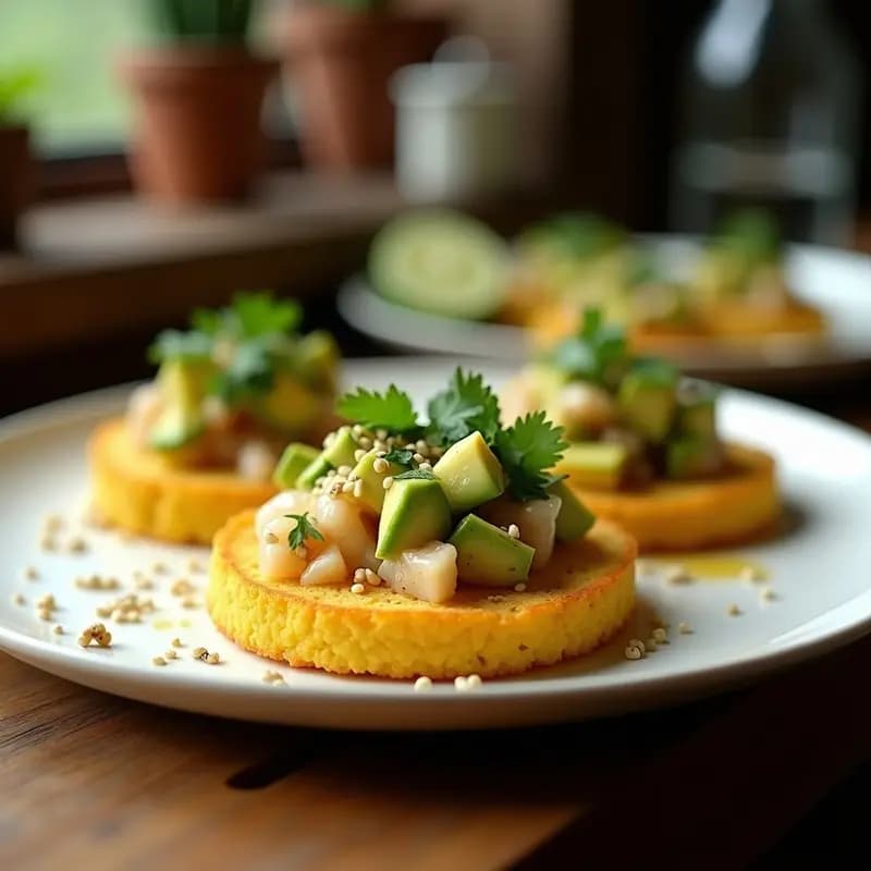 Tostadas doradas de pan de maíz con ceviche de hongos shimeji marinado en limón, cilantro y jengibre, decoradas con aguacate en cubos y semillas de sésamo. Plato vegano peruano-japonés fresco y colorido.