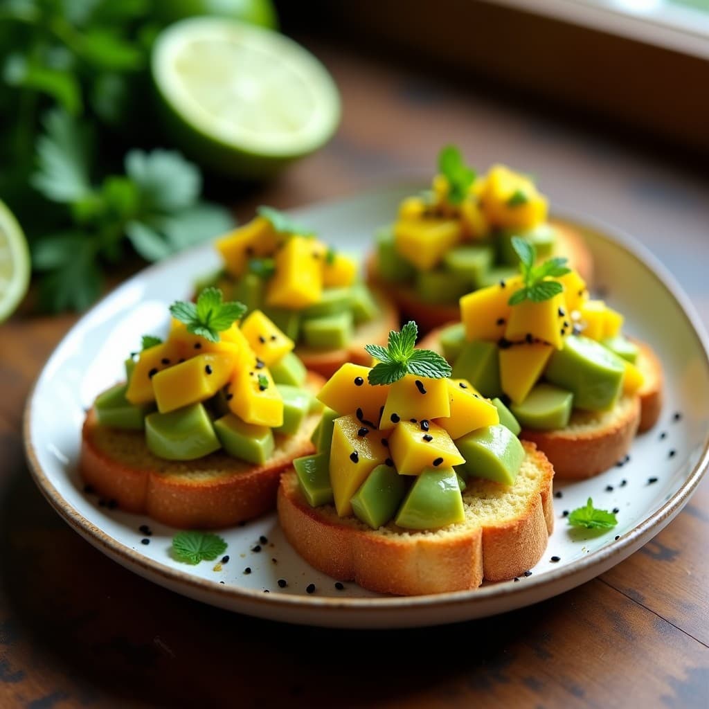 Plato de tostadas doradas de pan de maíz con ceviche de mango verde y aguacate en cubos, decorado con semillas de sésamo y hojas de menta, sobre fondo rústico de madera.
