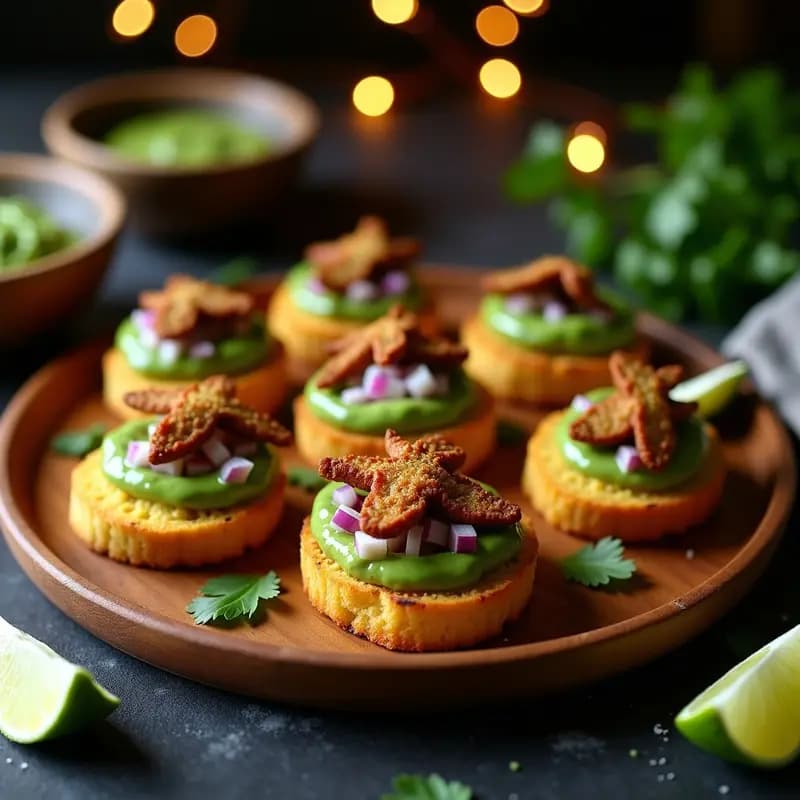 Tostadas doradas de pan de maíz casero con una capa cremosa de guasacaca verde, coronadas por láminas crujientes de chicharrón de hongos portobello dorado. Decoradas con cebolla morada picada y hojas de cilantro fresco sobre un plato de madera rústico. Receta de aperitivo colombiano vegano.