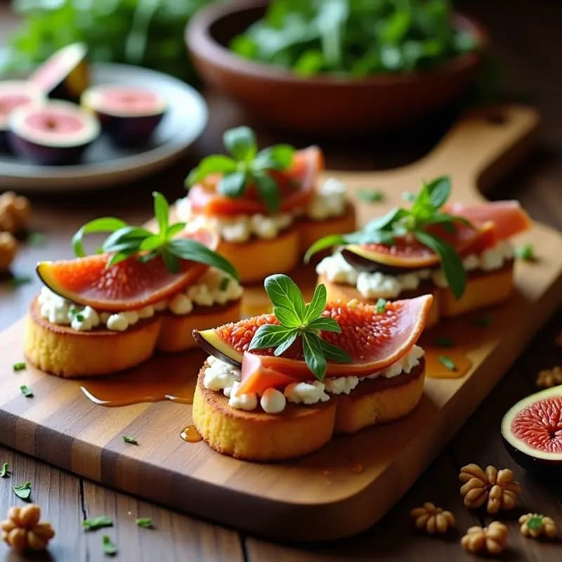 Tostadas doradas de pan de maíz con láminas de jamón serrano, cuartos de higo fresco, queso manchego rallado, nueces picadas y un hilo de miel, decoradas con hojas de menta sobre una tabla de madera rústica, receta entrante español dulce-salado.