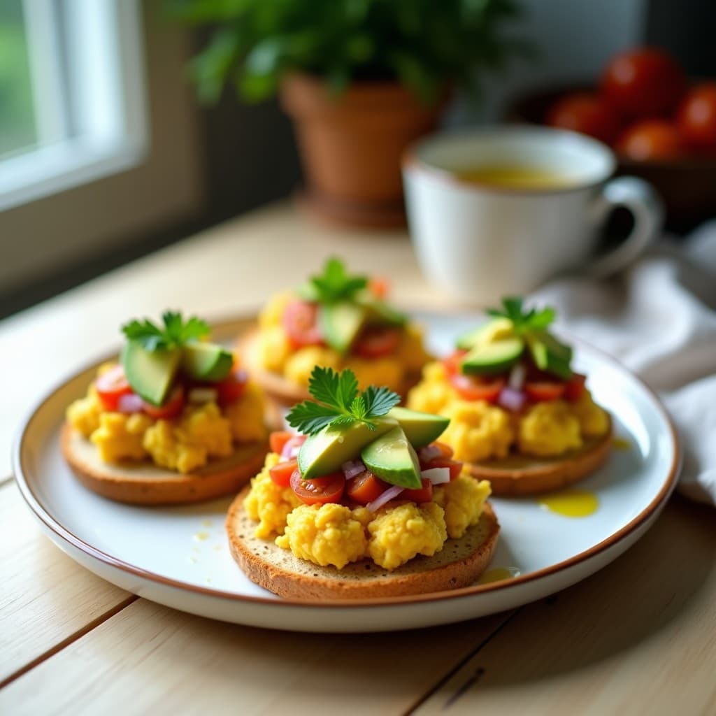 Plato con dos tostadas de pan de maíz dorado, cubiertas con huevo revuelto de tofu amarillo brillante, cubos de aguacate verde cremoso, semillas de calabaza y perejil fresco. Desayuno vegano alto en proteína sobre fondo rústico de madera.