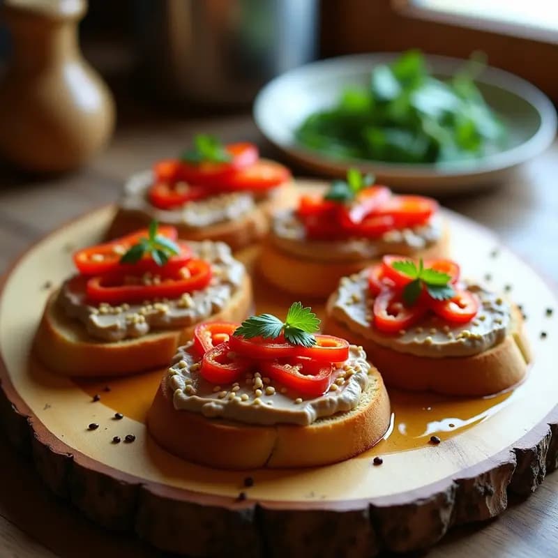 Tostadas doradas de pan de maíz con una generosa capa de paté de berenjena asada de color marrón claro, coronadas con tiras de pimientos del piquillo rojos y un espolvoreado de semillas de sésamo y perejil fresco. Plato servido en una tabla de madera rústica con fondo borroso, ideal para aperitivo español vegano.