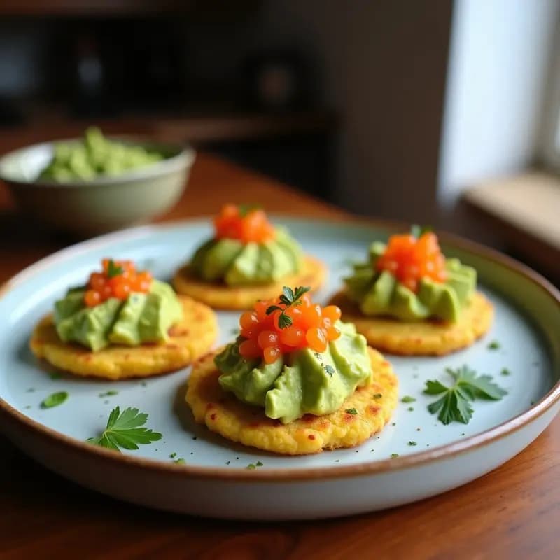 Tostadas doradas de pan de mandioca con guacamole cremoso y huevas de tobiko naranjas brillantes, decoradas con semillas de sésamo negro sobre una tabla de madera rústica. Aperitivo brasileño keto elegante y crujiente.