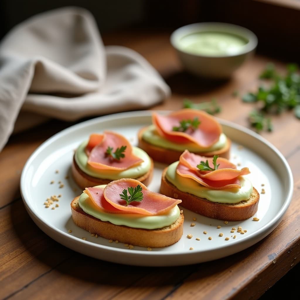 Tostadas doradas de pan de mijo con una capa cremosa de puré de alcachofa, coronadas con láminas de jamón serrano, perejil fresco y semillas de sésamo. Plato de desayuno sin gluten con texturas crujientes y cremosas.