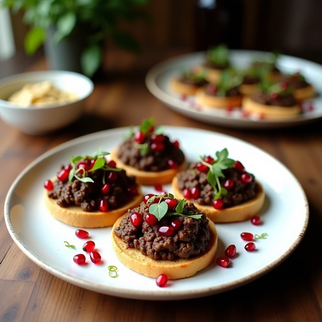 Tostadas doradas de pan de mijo con una capa cremosa de puré de berenjena ahumada, espolvoreadas con semillas de sésamo y coronadas con semillas de granada rojas brillantes, servidas en un plato de cerámica blanca sobre fondo rústico de madera.