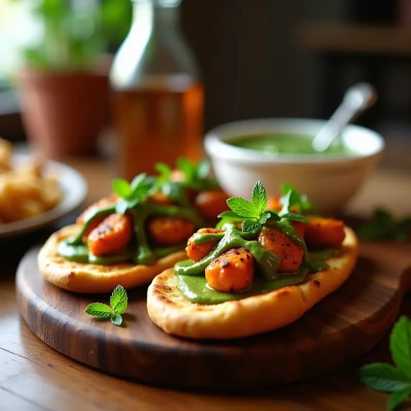 Tostadas de pan naan dorado con trozos de pollo tandoori especiado, cubiertas de mint chutney verde fresco y hojas de menta. Aperitivo indio crujiente y colorido.