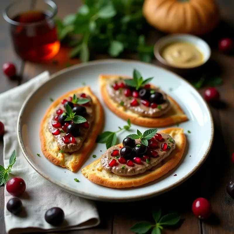 Tostadas triangulares de pan de pita dorado y crujiente con una capa cremosa de mutabal de berenjena, coronadas con aceitunas kalamata picadas, semillas de granada y perejil fresco. Plato de receta siria vegana sin cocción sobre fondo rústico de madera.