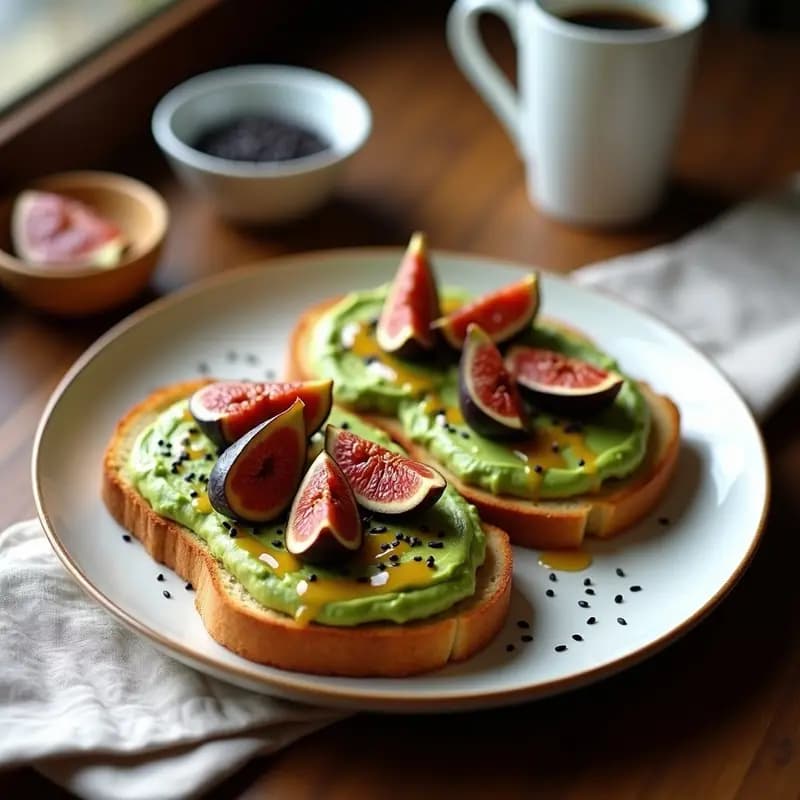 Tostadas doradas de pan de plátano casero con crema de aguacate verde, higos caramelizados brillantes y semillas de sésamo negro. Plato de brunch saludable y fotogénico sobre fondo rústico.
