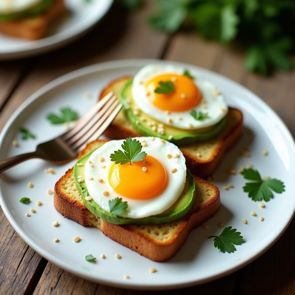 Tostadas doradas de pan de plátano keto sobre plato blanco, cubiertas con aguacate cremoso, huevo pochado con yema líquida, semillas de sésamo y hojas de cilantro fresco. Desayuno keto sin cereales.