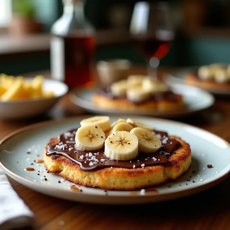 Tostadas doradas de pan de plátano casero con perlas brillantes de caviar de chocolate negro y escamas de sal marina, servidas en plato blanco sobre fondo rústico. Desayuno viral de TikTok.
